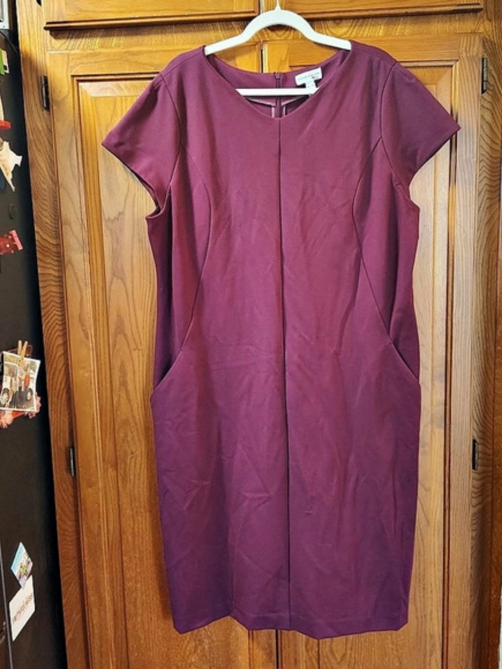 Susan Graver Women’s Ponte Knit Cap Sleeve Midi Dress Sz XL Purple Pockets